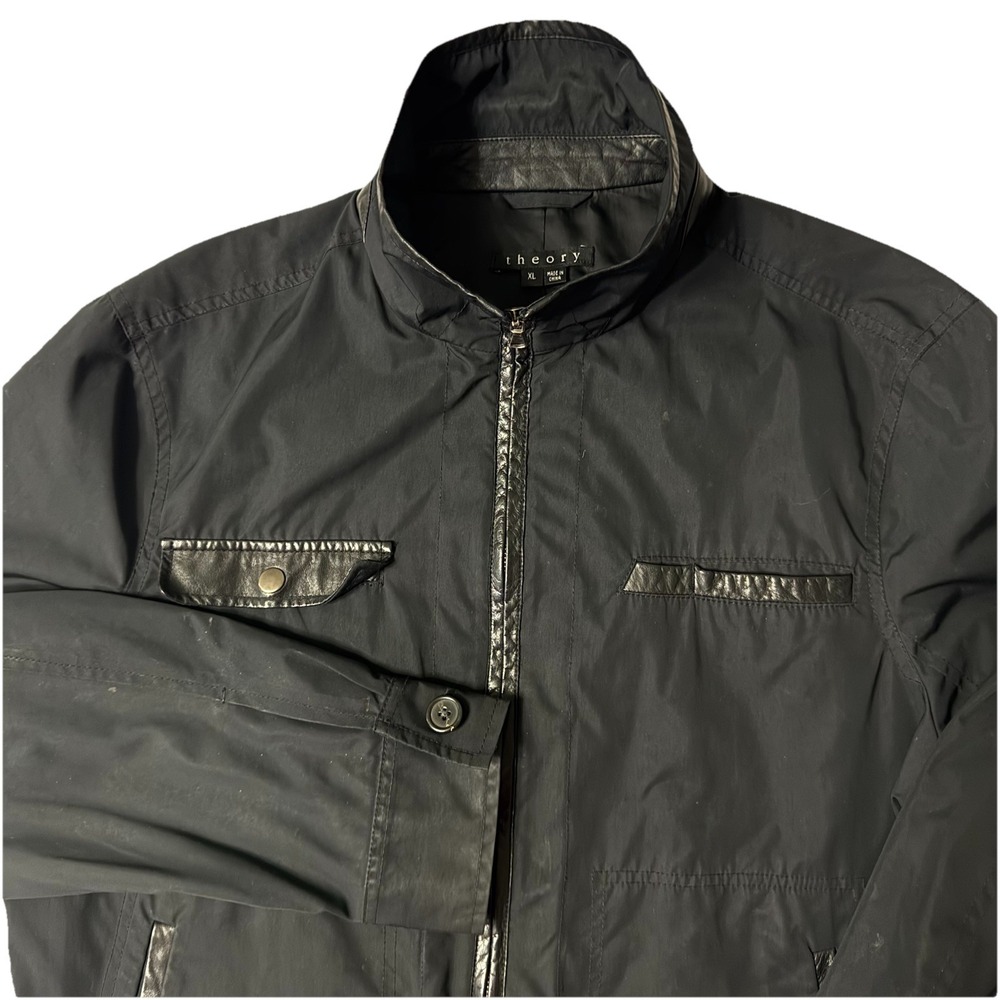 Theory Vtg Men's Jacket Black Lightweight Full Zip Leather Trim Size XL